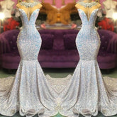 Trumpet Mermaid Beading Sequin White Semi Formal Prom Dress